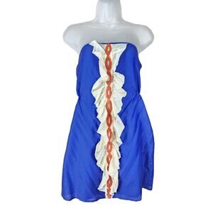 Jenny Han Mini Dress 8 Women Strapless Blue White Orange Cotton Silk Ruffle Bead
